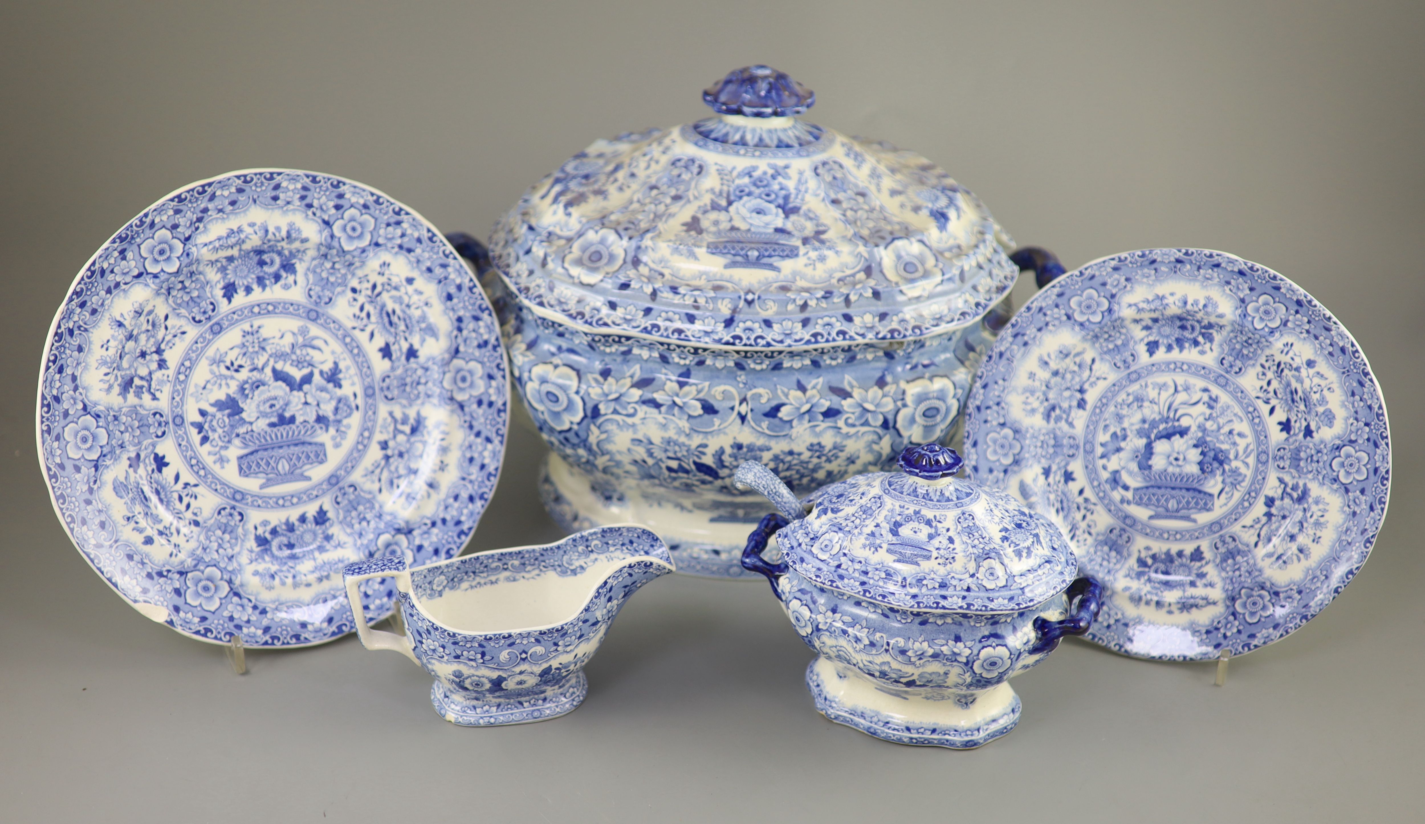 An extensive Minton filigree pattern blue and white dinner service, c.1830,